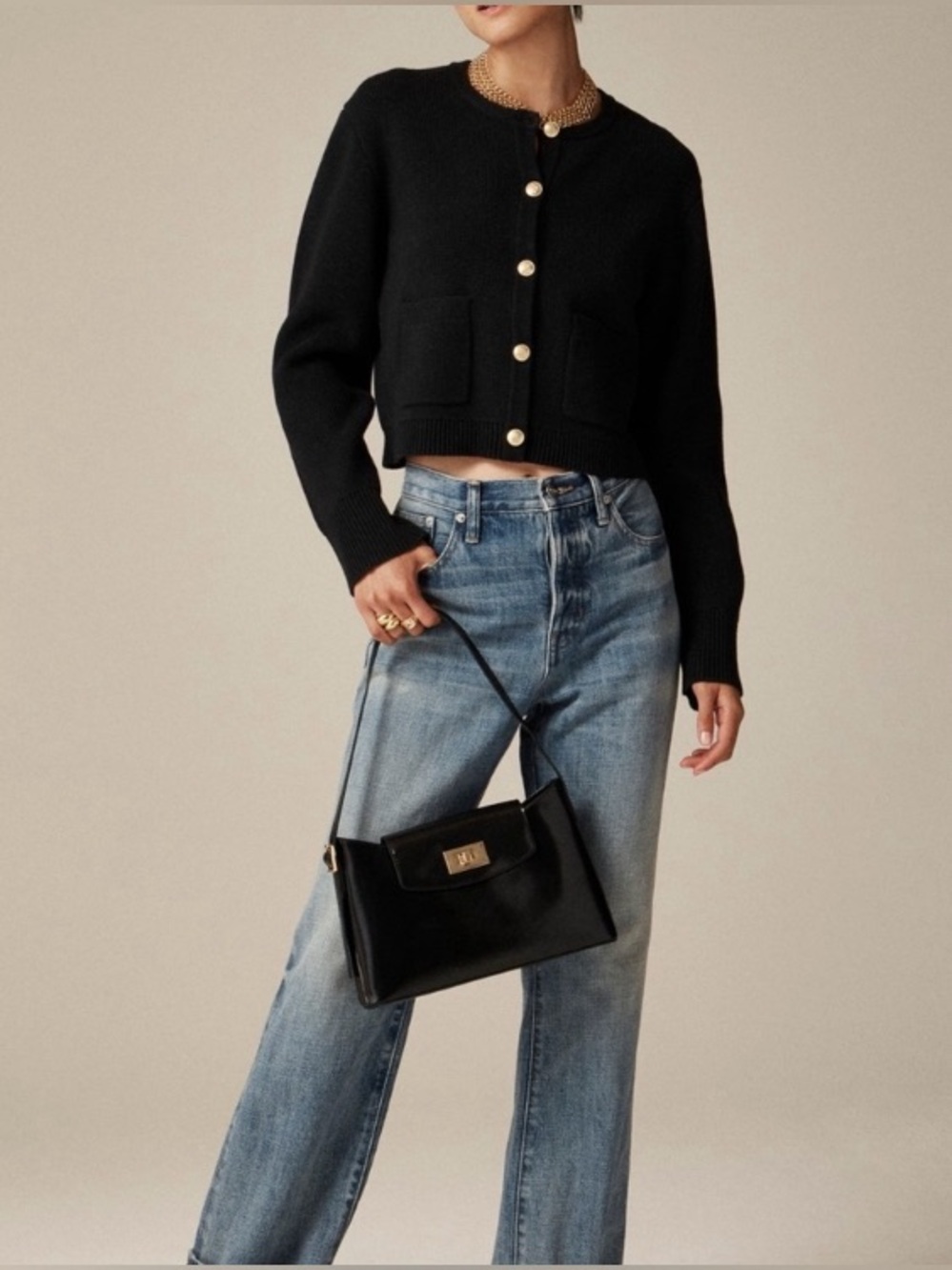 J.Crew Relaxed Emilie Lady Sweater Jacket, Black, Patch Pockets Gold Buttons, L